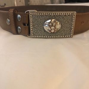 Leather Belt with metal/jewel buckle- tan leather
